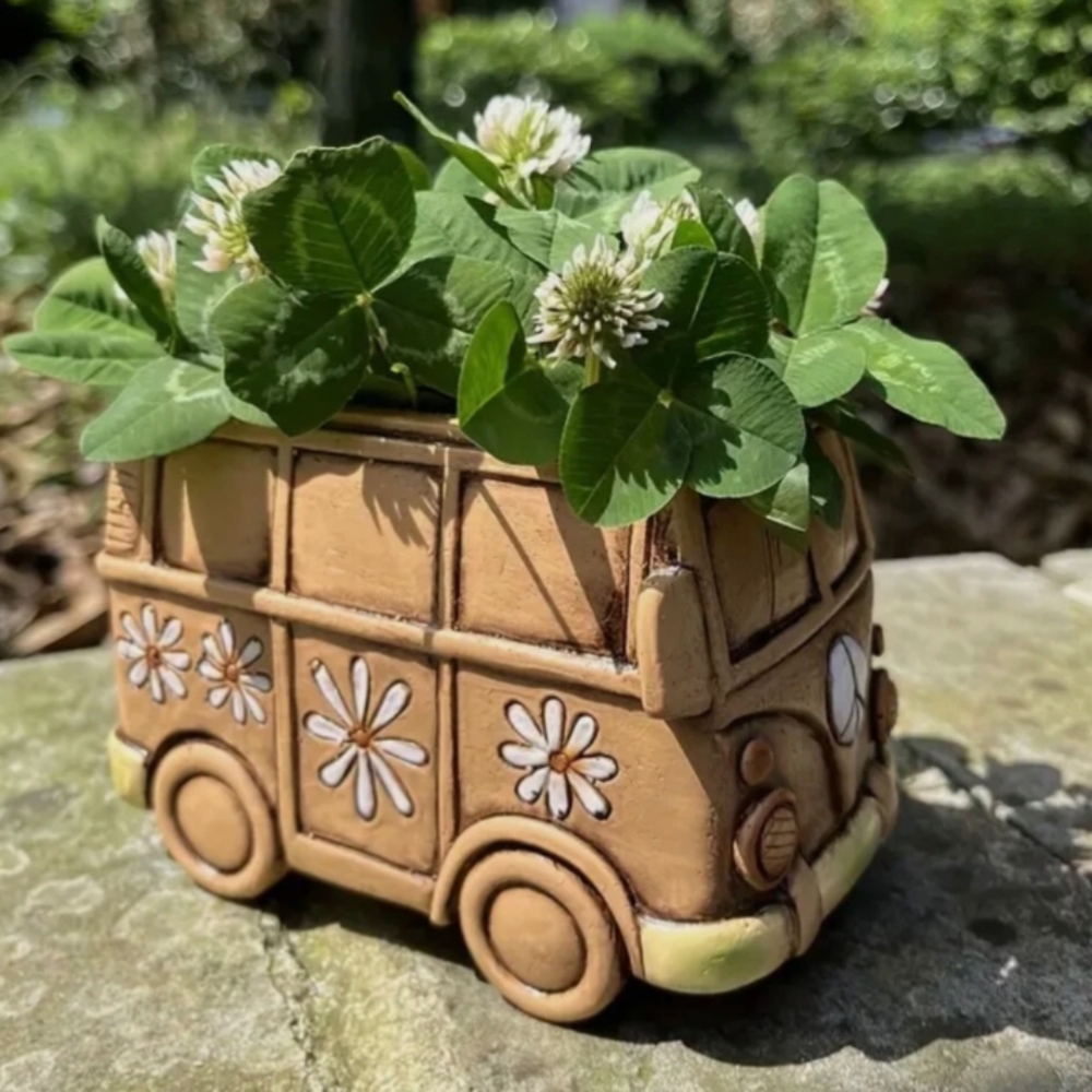 New Tan Hippie‎ Bus With Daisies Planter or Desk Organizer